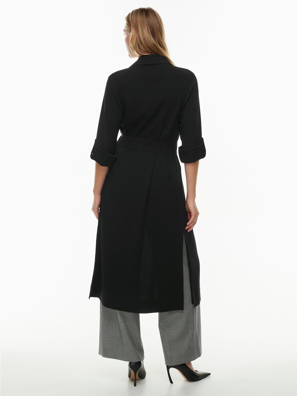 Aritzia Babaton Kahlo Long Robe Matte Satin Duster Jacket Black Medium - Picture 13 of 16